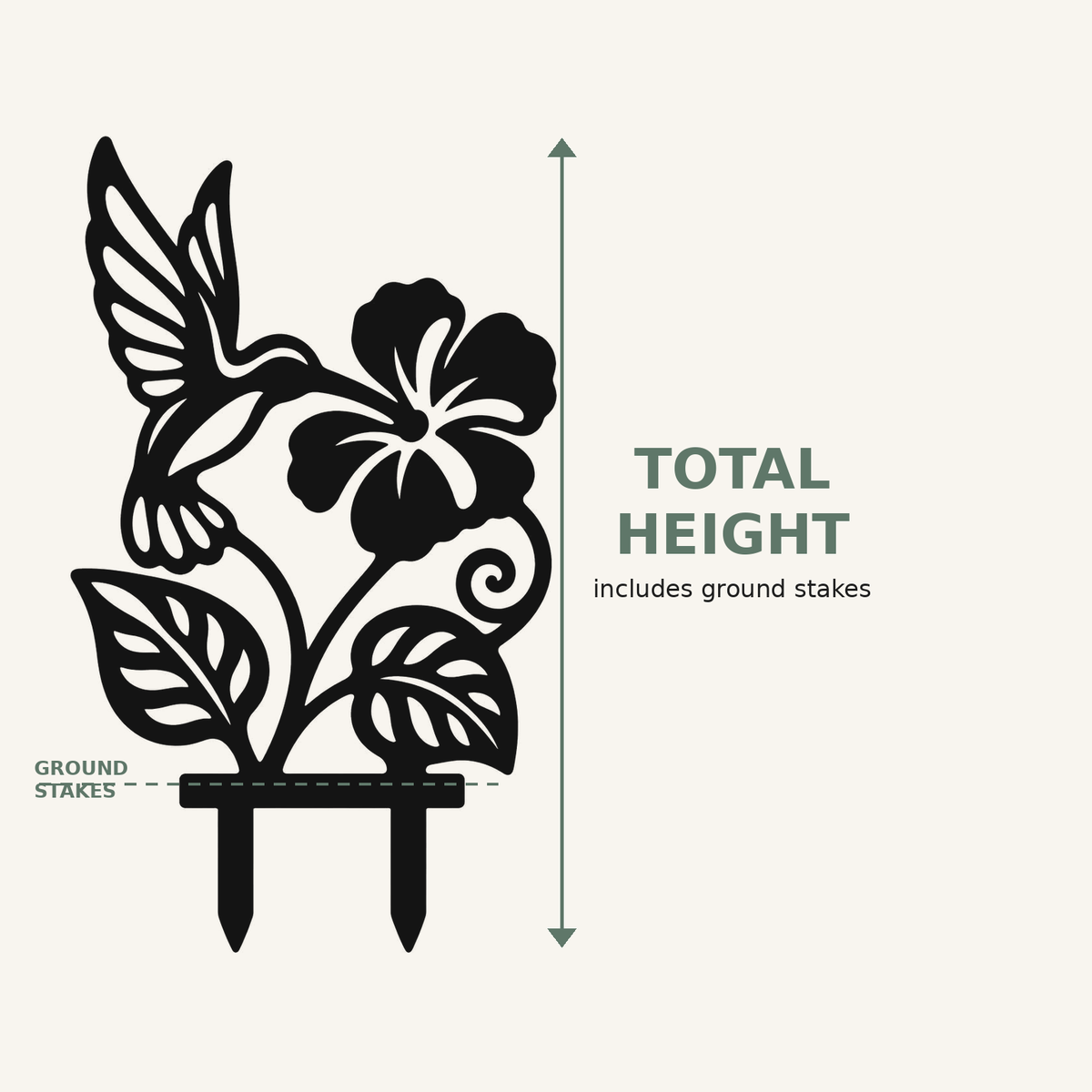 Nectra hummingbird and hibiscus plant trellis size guide showing total height includes ground stakes