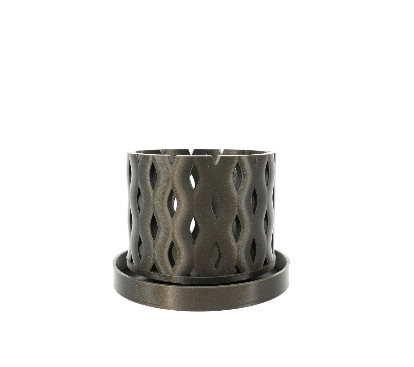 Neris ventilated orchid pot with flowing leaf lattice and bottom tray, front angle