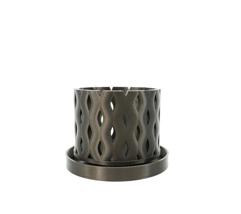 Neris ventilated orchid pot with flowing leaf lattice and bottom tray, front angle