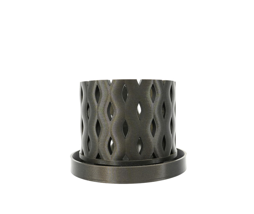 Neris ventilated orchid planter with leaf-shaped openings and matching drainage tray