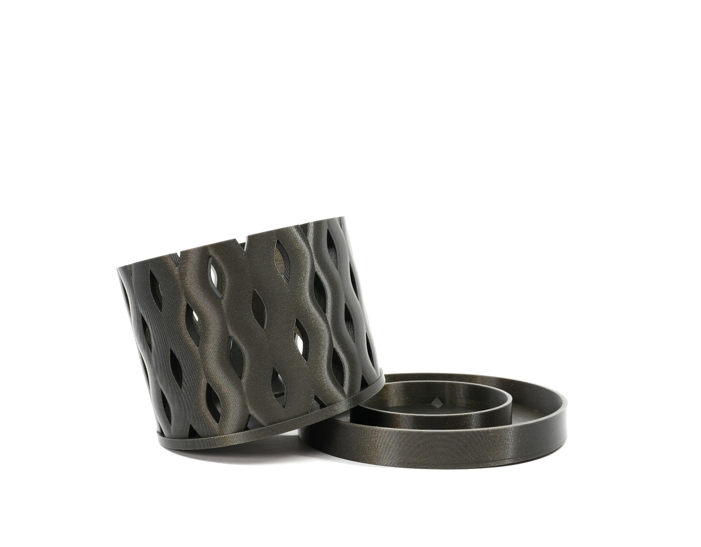 Neris orchid pot lifted beside removable bottom tray showing open ventilated structure