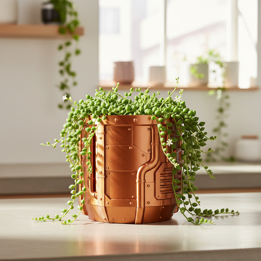Nexum mechanical sci-fi panels with a sturdy architectural profile indoor planter, front view