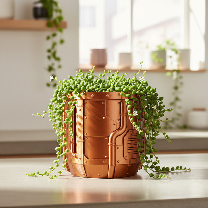 Industrial Sci-Fi 3D Printed Planter Pot  "Nexum" with Drainage + Saucer