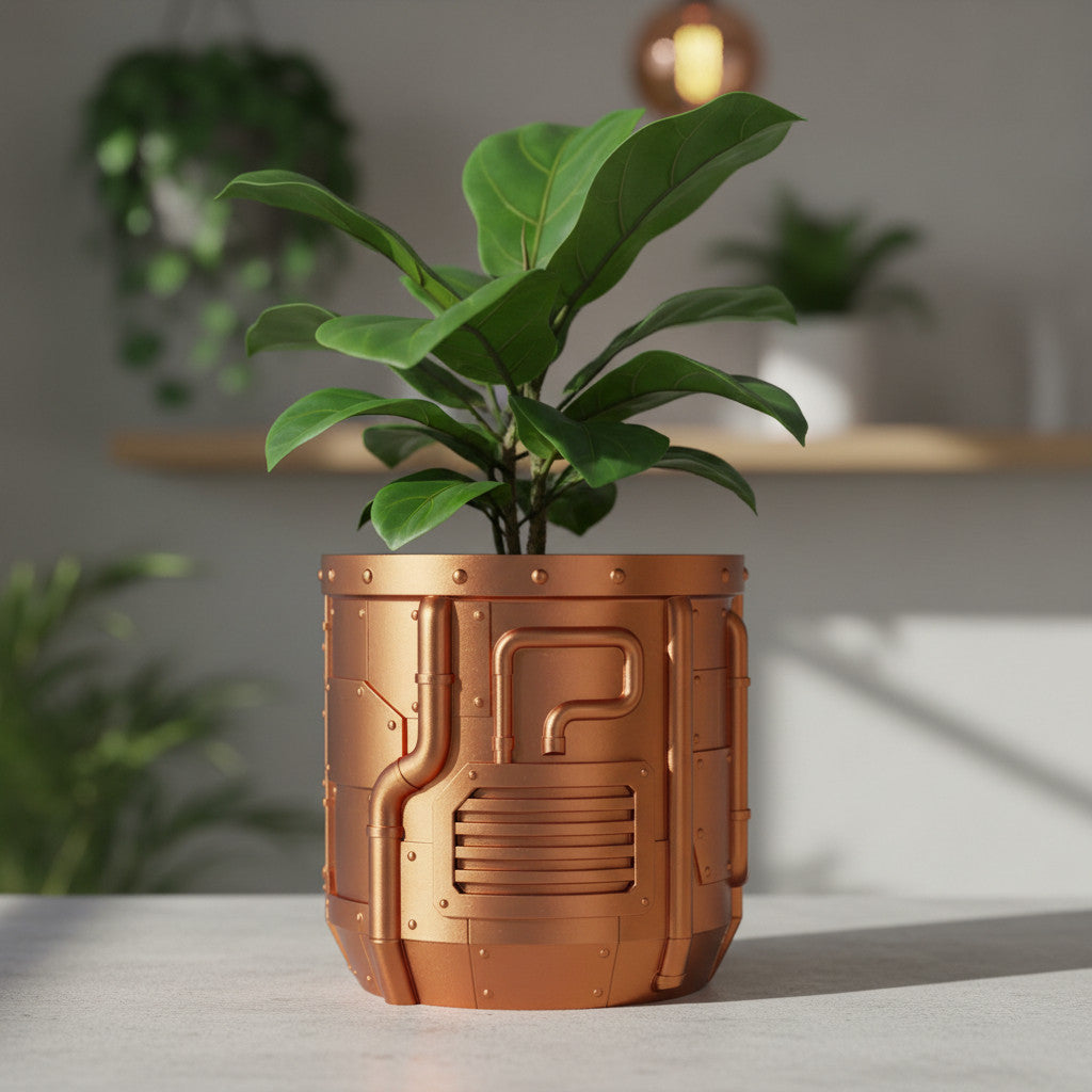Nexum mechanical sci-fi panels with a sturdy architectural profile indoor planter, top opening view