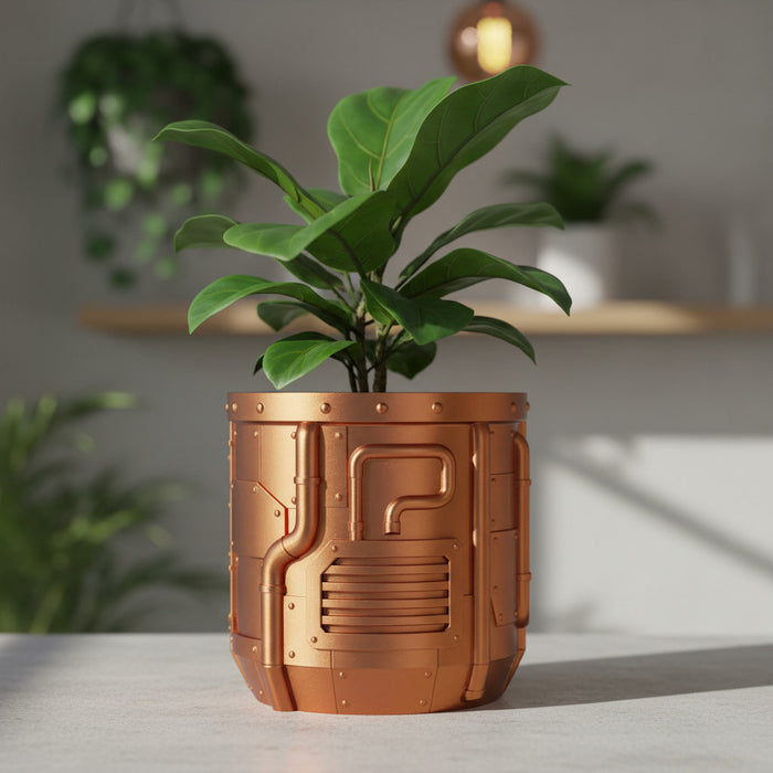 Industrial Sci-Fi 3D Printed Planter Pot  "Nexum" with Drainage + Saucer