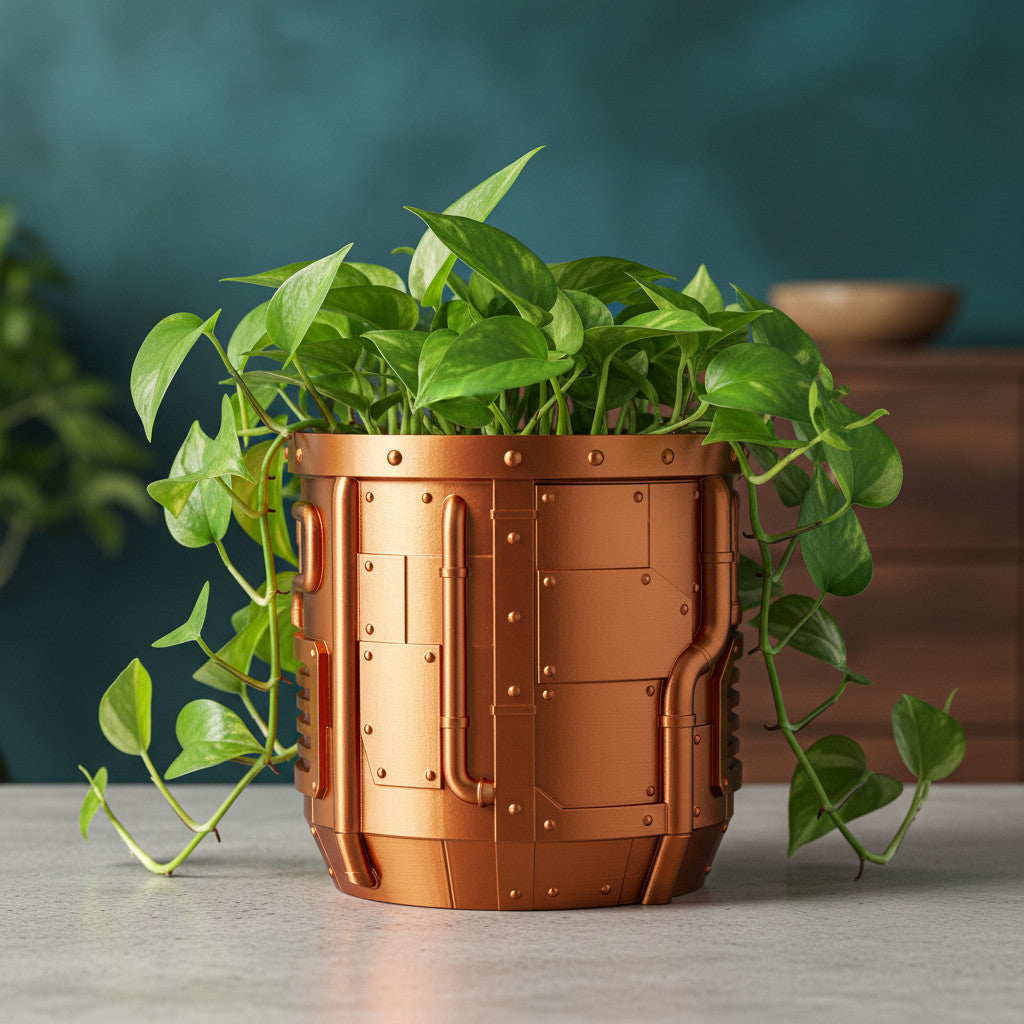 Nexum mechanical sci-fi panels with a sturdy architectural profile indoor planter, side view