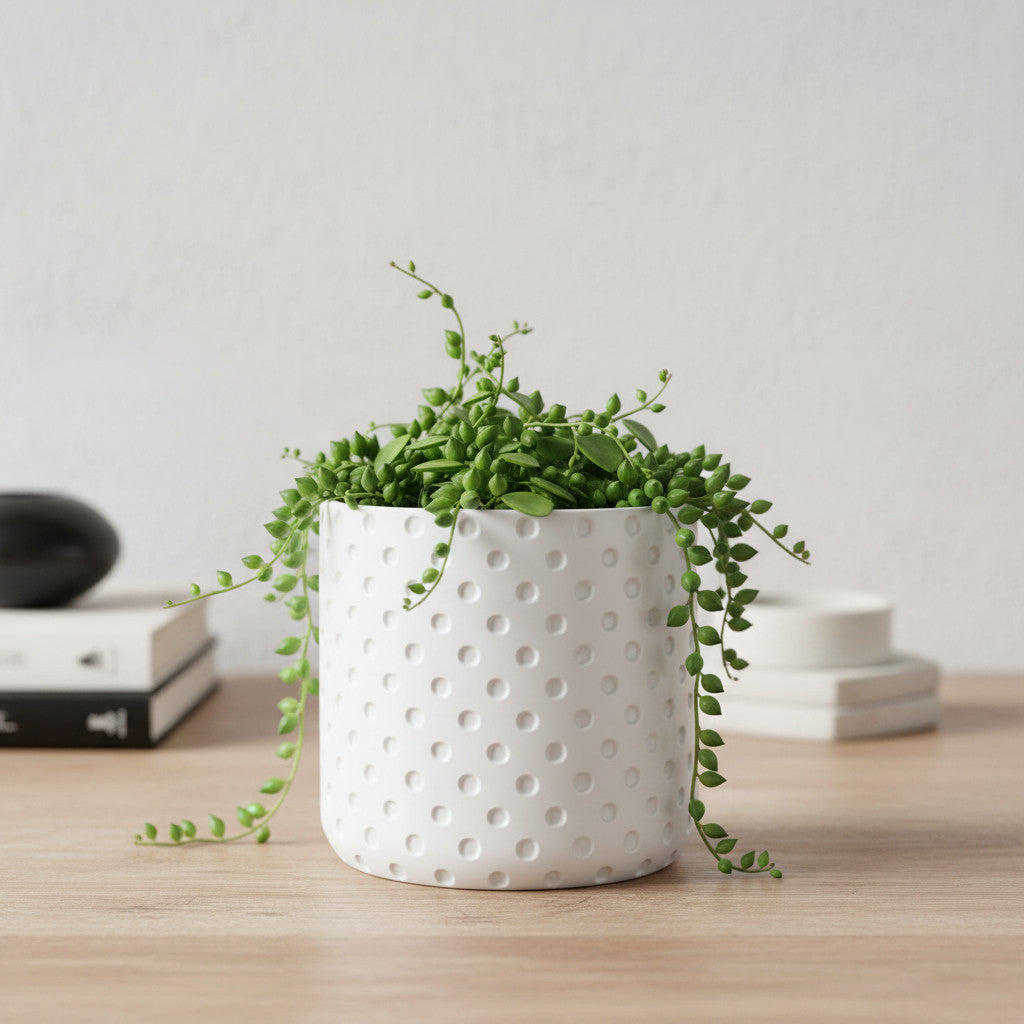 Noma a smooth cylindrical body with restrained geometric detailing indoor planter, front view