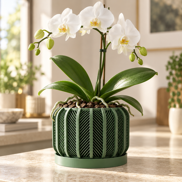 Ventilated Orchid Pot with Structured Lattice and Optional Tray | Rodex — product image 1