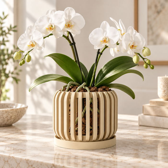 Ventilated Orchid Pot with Tall Vertical Slats and Optional Tray | Alden — product image 1