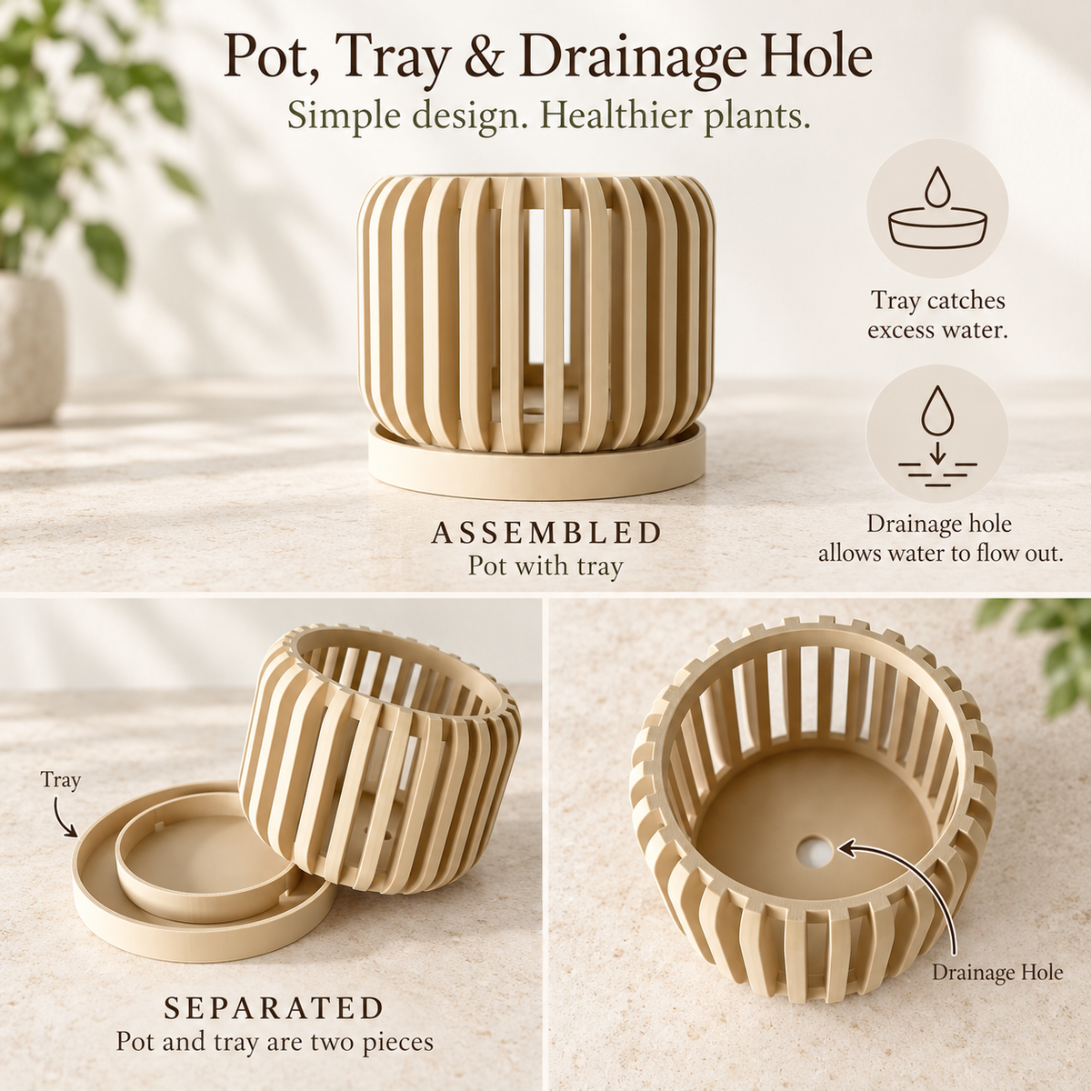 Ventilated Orchid Pot with Tall Vertical Slats and Optional Tray | Alden — product image 3