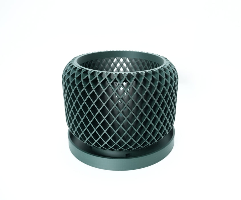 Ravik orchid pot with matching saucer, shown from front angle in dark green color