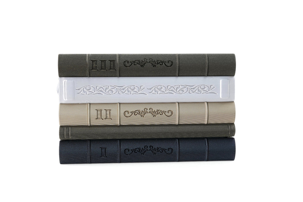 Orven 7 straight stacked book planter with ornate embossed spines in five colors
