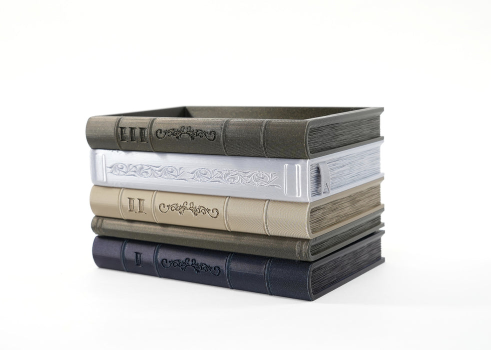 Side view of Orven 7 book stack planter showing page texture and ornate book spines