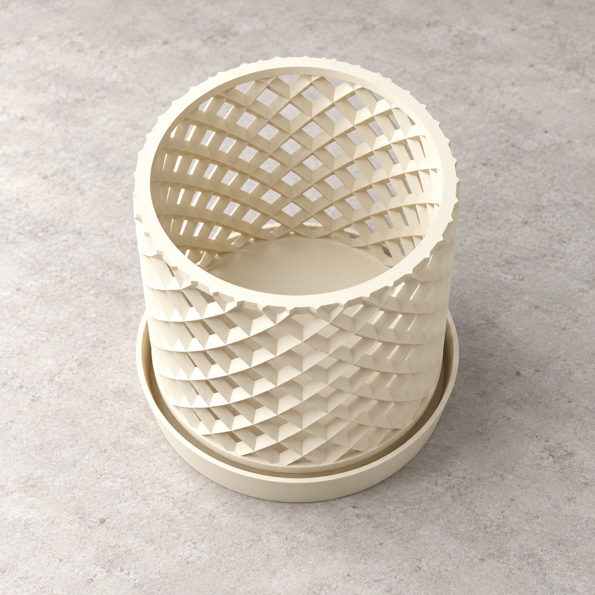 Top view of the empty Orvia lattice orchid planter, showing its solid base and optional matching tray.