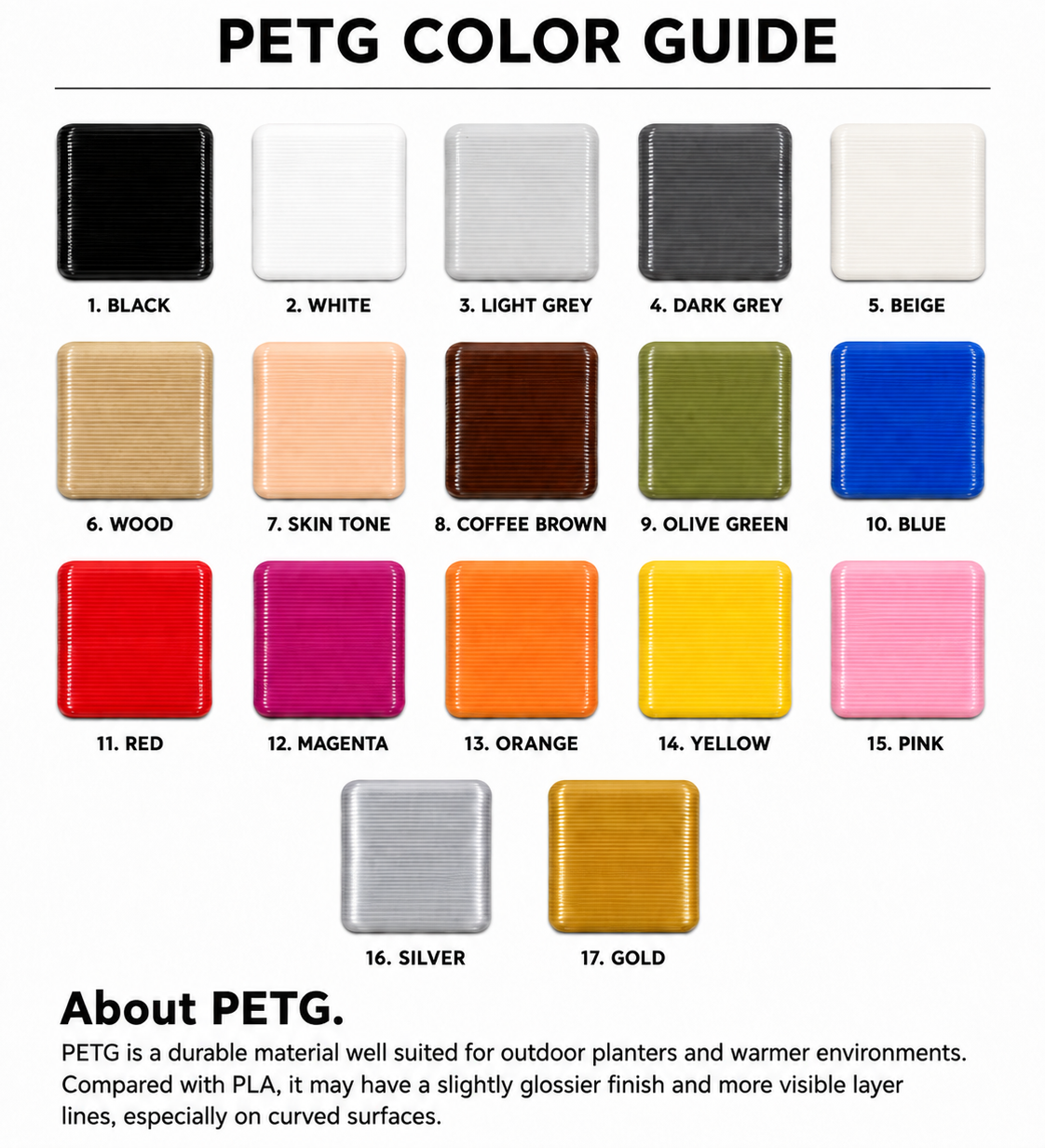 Viviero3D PETG color guide with 17 colors