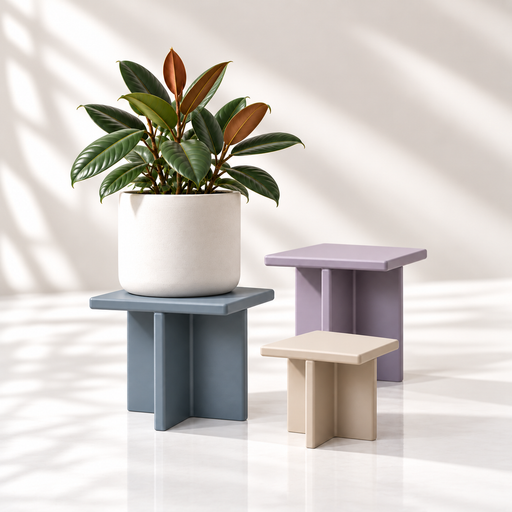 Three Plane square plant stands in grey blue, lilac and beige, with a potted rubber plant on the largest stand