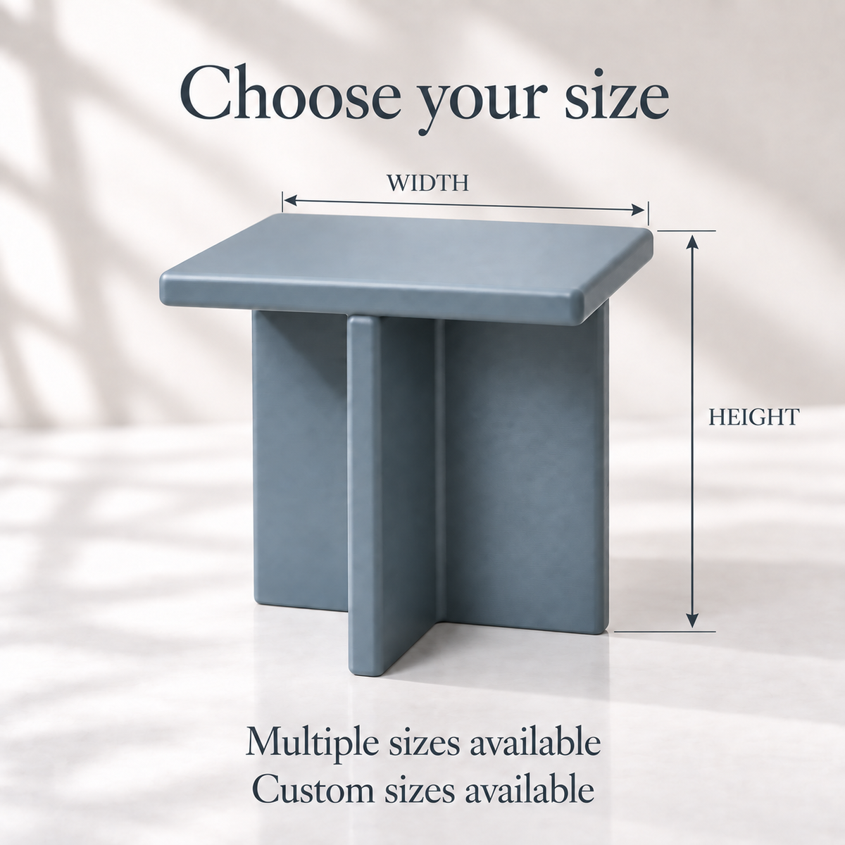 Plane size guide showing square platform width and total height, with multiple and custom sizes available