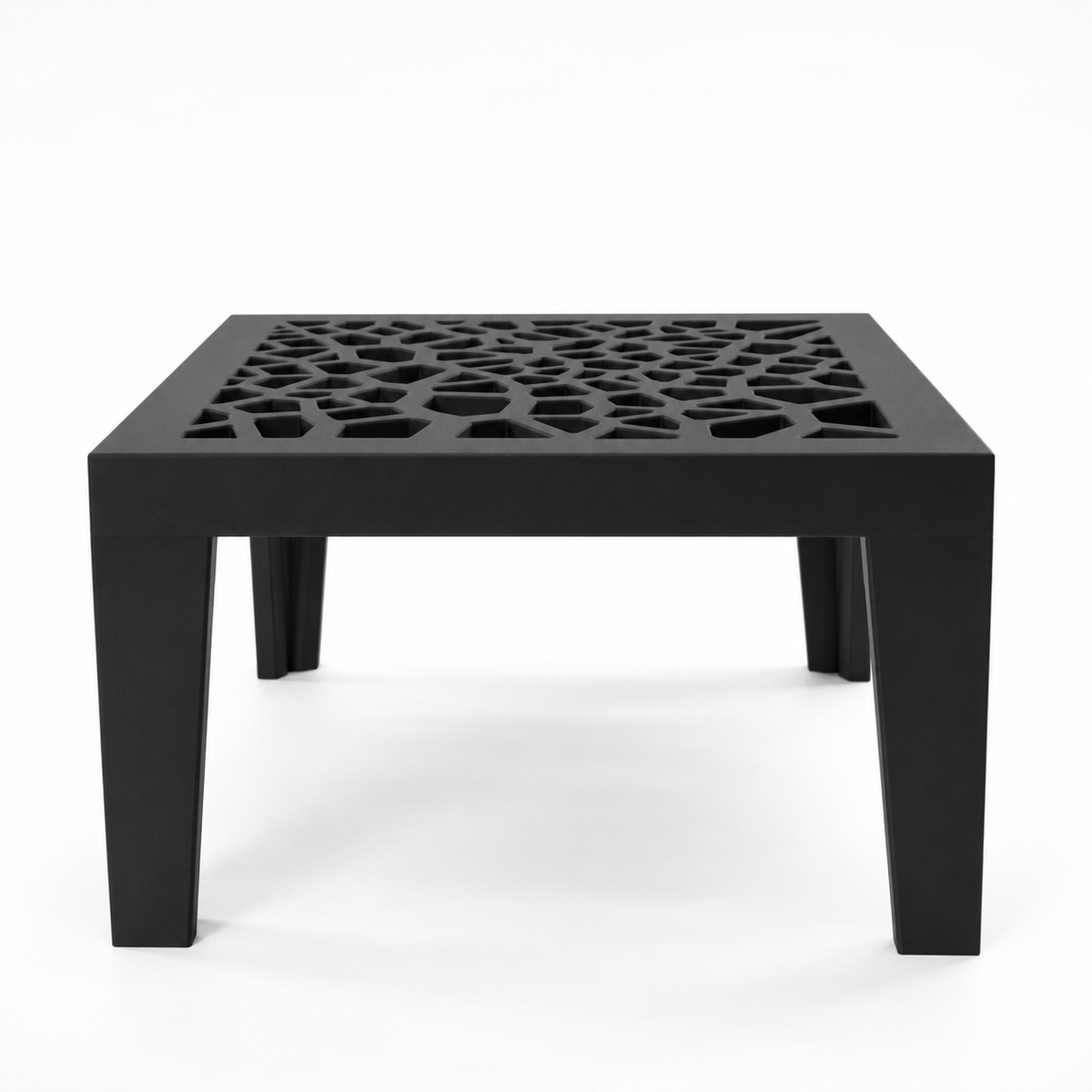 Black Grid Square plant stand viewed from the front, with an open geometric lattice top and four legs.
