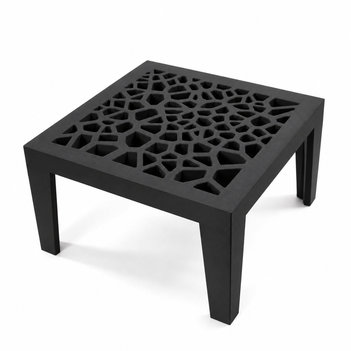 High angled view of the empty Grid Square stand with its square openwork platform and four legs.