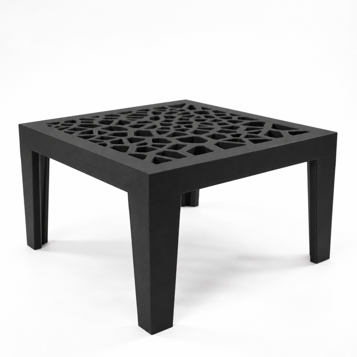 Angled side view of the black Grid Square stand showing its lattice top and straight legs.