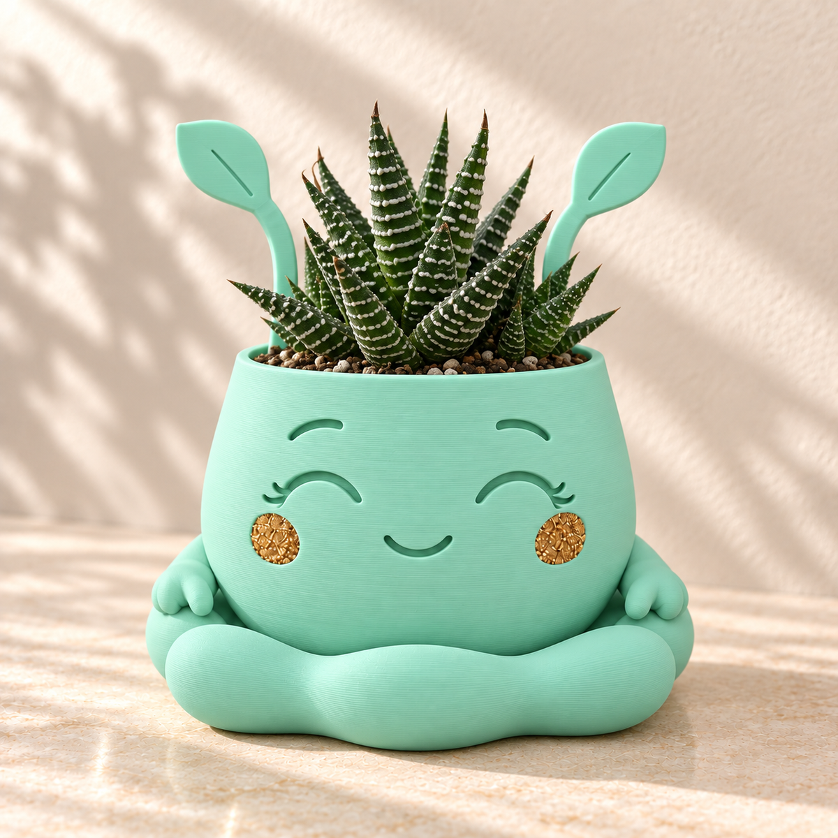 Mint Pika character planter with leaf-shaped ears, smiling face, orange cheeks and a striped succulent.