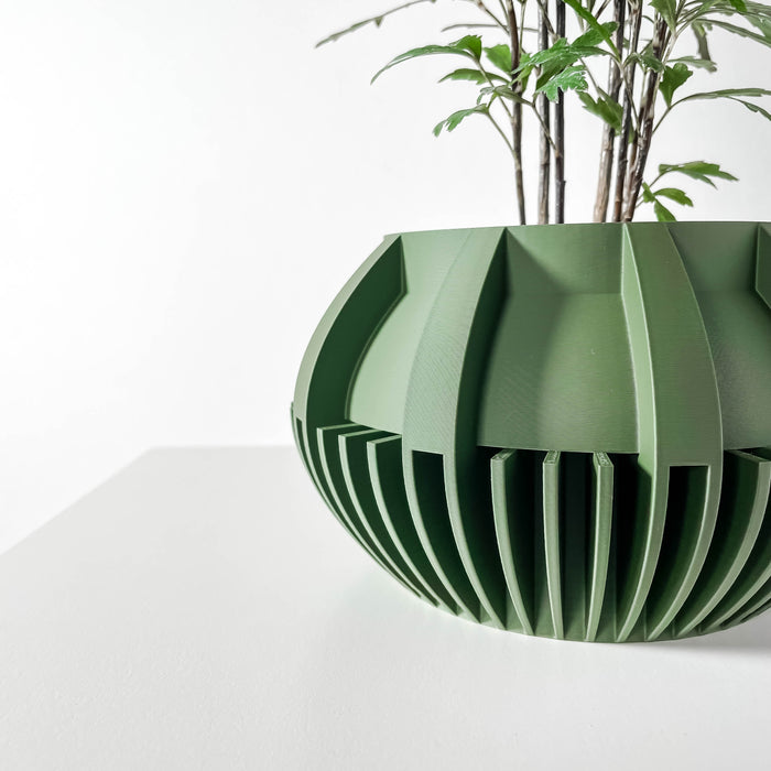 Stylish geometric succulent planter pot, modern artistic flower pot, 3D printed decorative planter featuring sculptural vertical ribbing and integrated drainage system