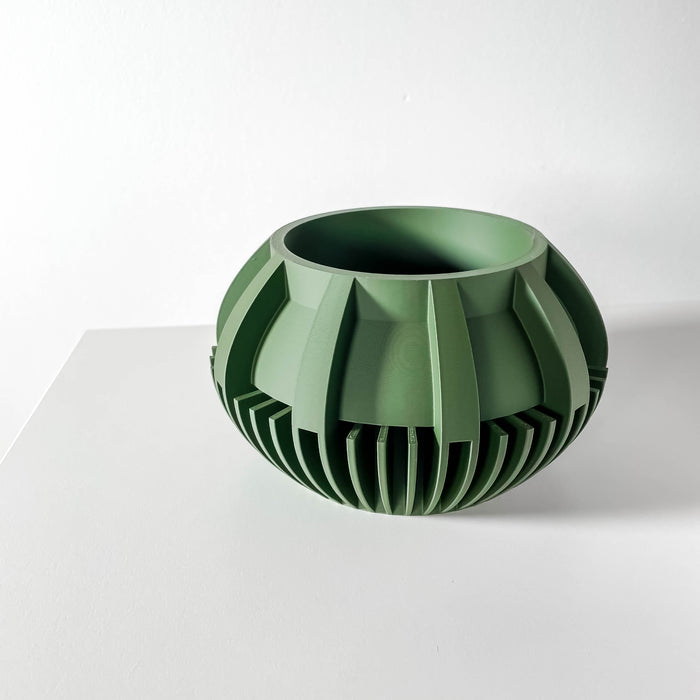 Geometric designer flower pot, 3D printed modern succulent planter, decorative tabletop pot with detailed artistic ribbed texture, elegant pot with drainage hole for plant health