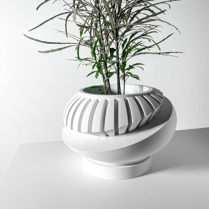 Side angle close-up highlighting sleek layered texture and tilted oval shape of contemporary planter pot, stylish geometric succulent planter, artistic decorative flower pot, modern tabletop indoor pot, sculptural 3D printed planter