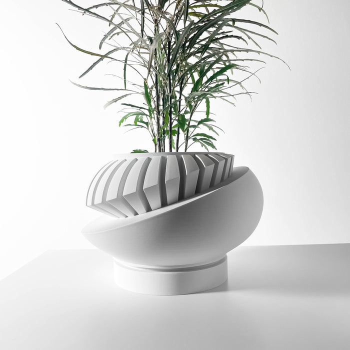 Front angled view displaying stylish sculptural oval planter pot with smooth layered geometric texture, tilted modern decorative flower pot, contemporary indoor succulent planter, artistic tabletop plant pot, unique 3D printed design