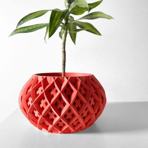 Red 3D printed planter pot with deep lattice-style weave texture and rounded sculptural form