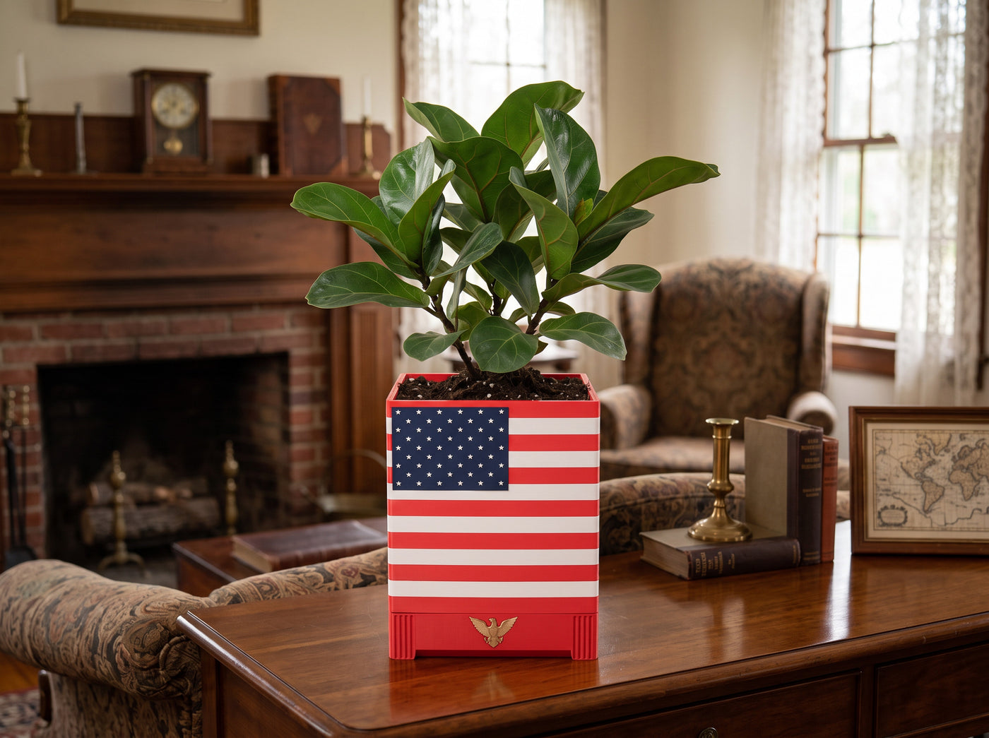 American Flag Planter Pot with Eagle Base | Patriotic USA Indoor Planter