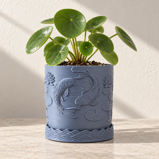 Blue Coraline planter with raised fish and aquatic plant relief, a wave-patterned base and round green leaves.