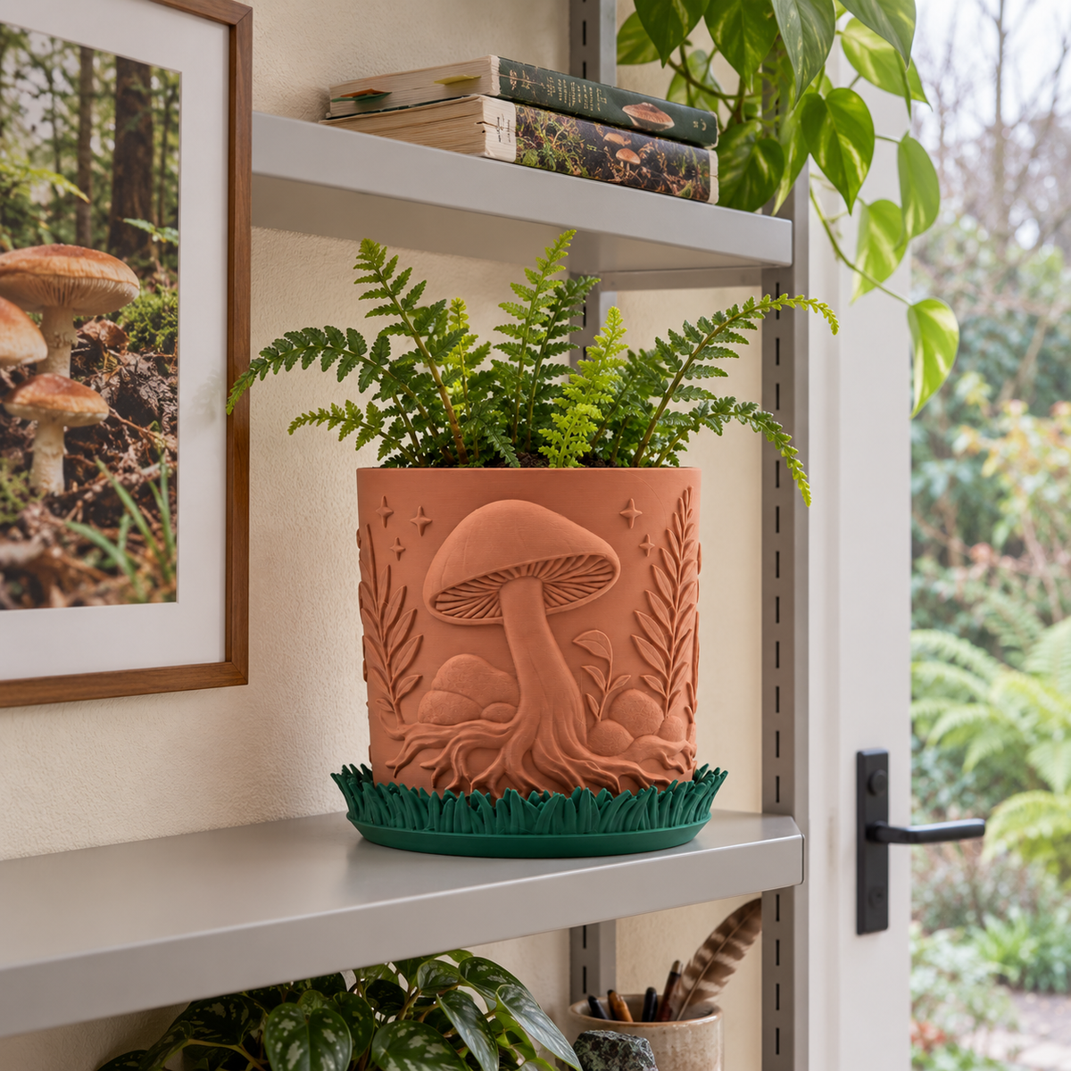 Myco indoor planter with detailed two-color mushroom and botanical surface details