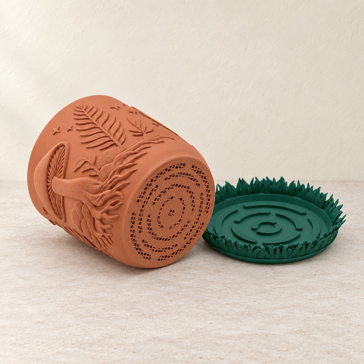 Myco 3D printed indoor planter highlighting two-color mushroom and botanical surface details