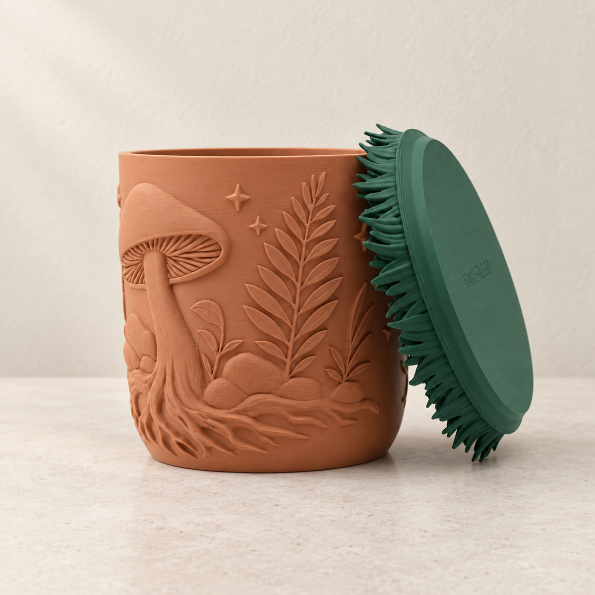 Myco decorative indoor planter featuring two-color mushroom and botanical surface details
