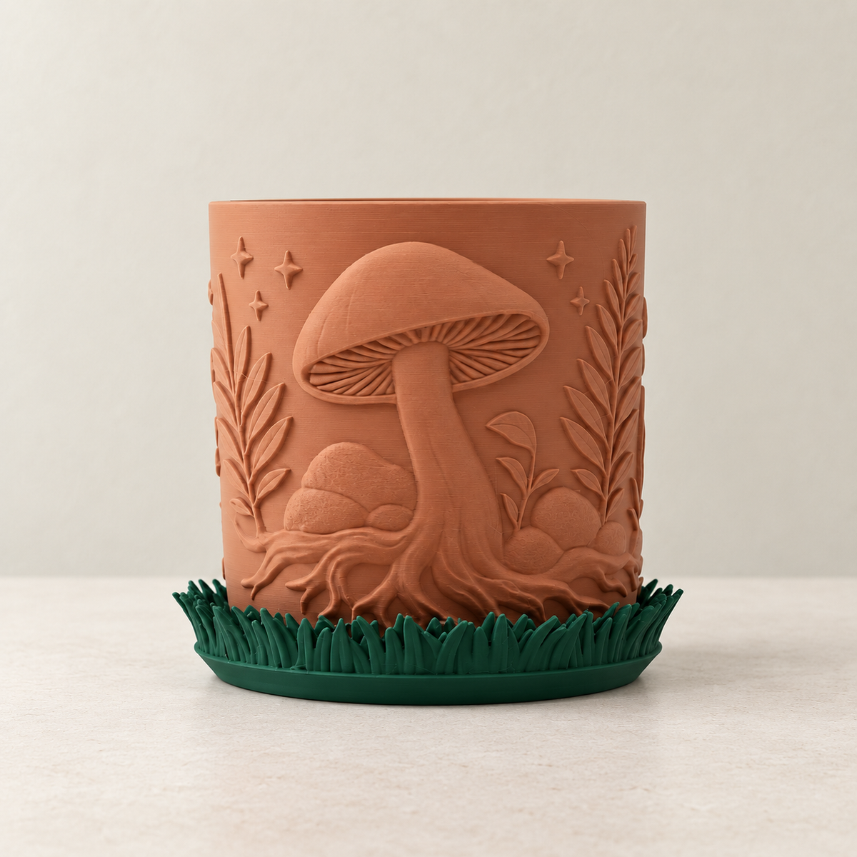 Myco indoor planter showing two-color mushroom and botanical surface details across the design
