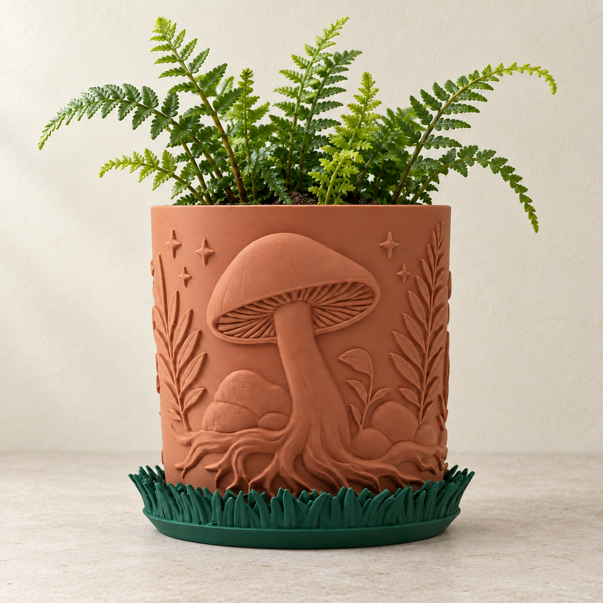 Myco indoor planter with two-color mushroom and botanical surface details