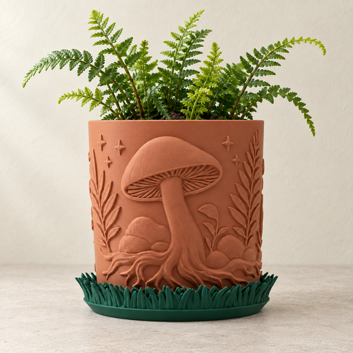 Myco indoor planter with two-color mushroom and botanical surface details
