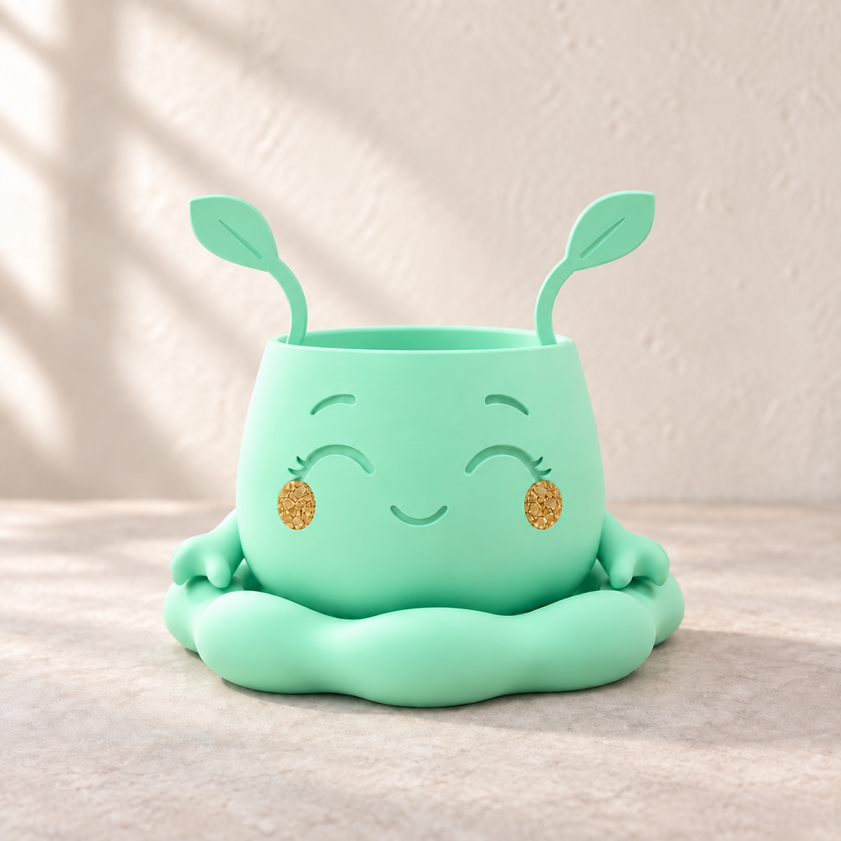 Empty mint Pika planter with leaf-shaped ears, a smiling face and a matching rounded tray.