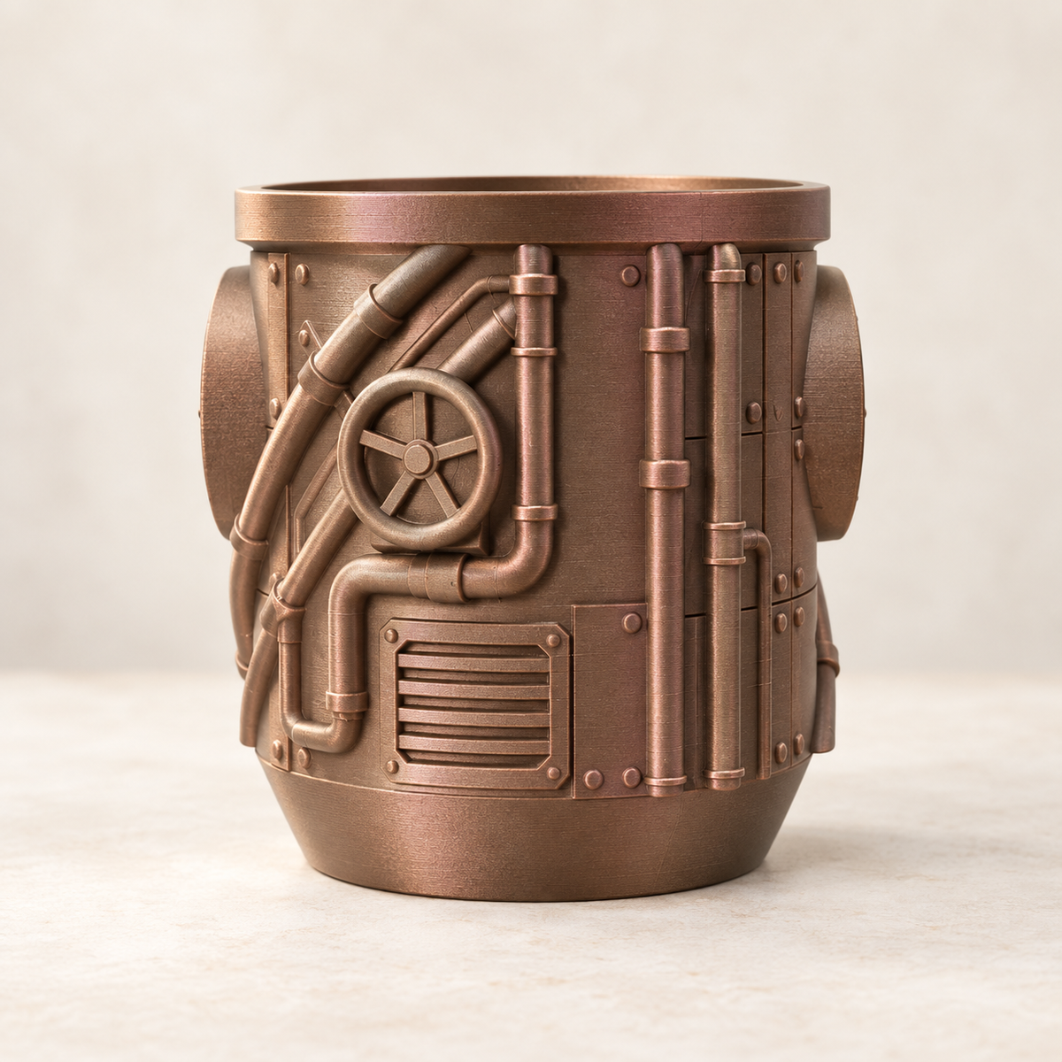 Steamcore indoor planter showing steampunk pipes, gauge motifs, and valve details across the design