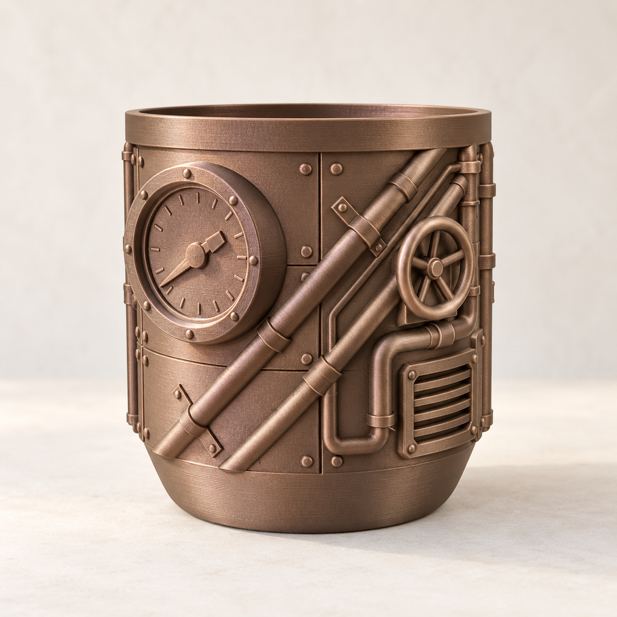 Steamcore decorative indoor planter featuring steampunk pipes, gauge motifs, and valve details