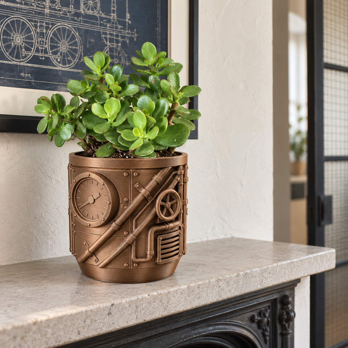 Steamcore 3D printed indoor planter highlighting steampunk pipes, gauge motifs, and valve details