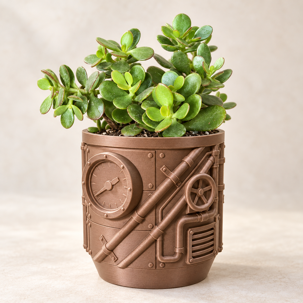 Steamcore indoor planter with steampunk pipes, gauge motifs, and valve details