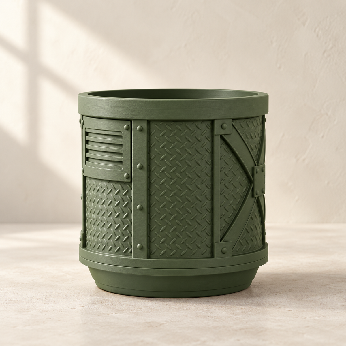 Front view of industrial indoor planter with framed mechanical panel design