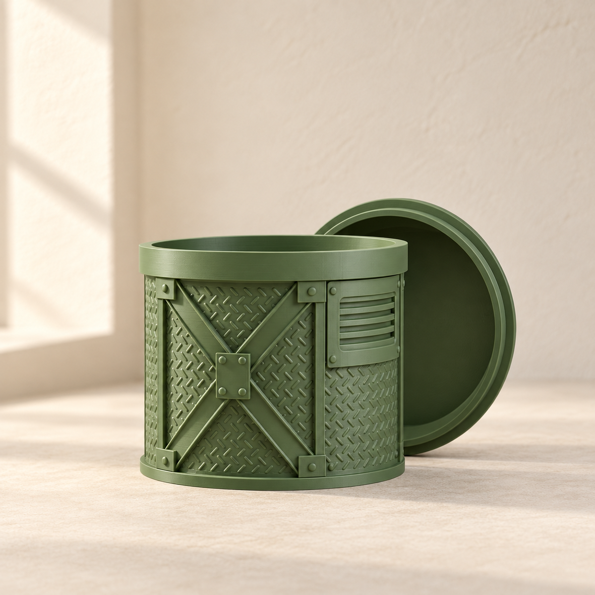 Side view of mechanical indoor planter with sculpted structural relief