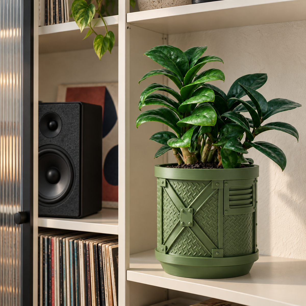 Mechanical panel planter with architectural relief in an indoor plant display