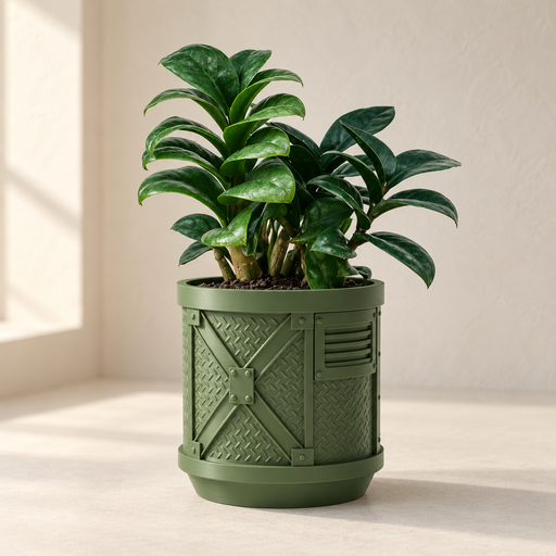 Industrial indoor planter with raised cross-brace panel and mechanical relief details
