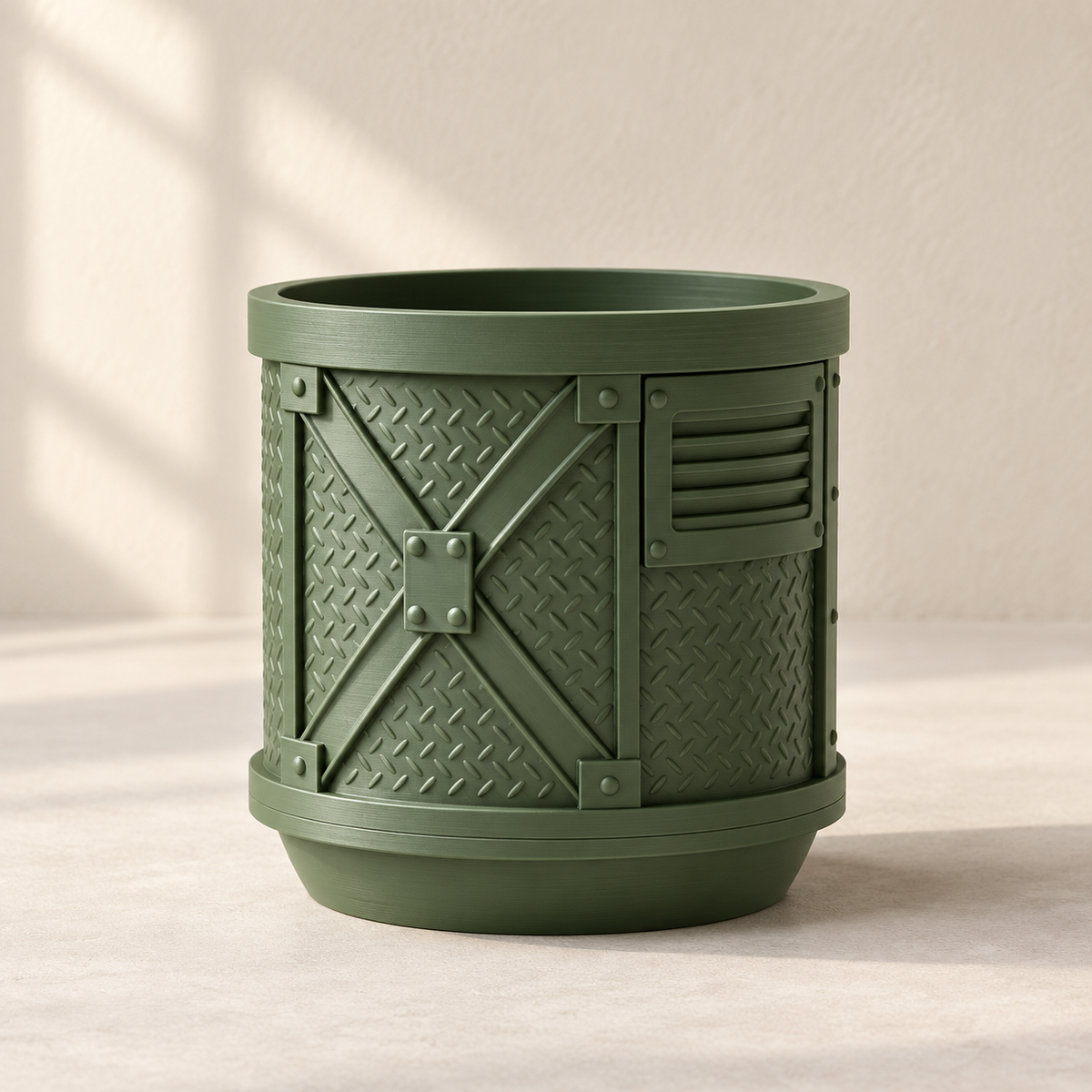 Industrial planter showing cylindrical body, rivet-like accents, and raised bands