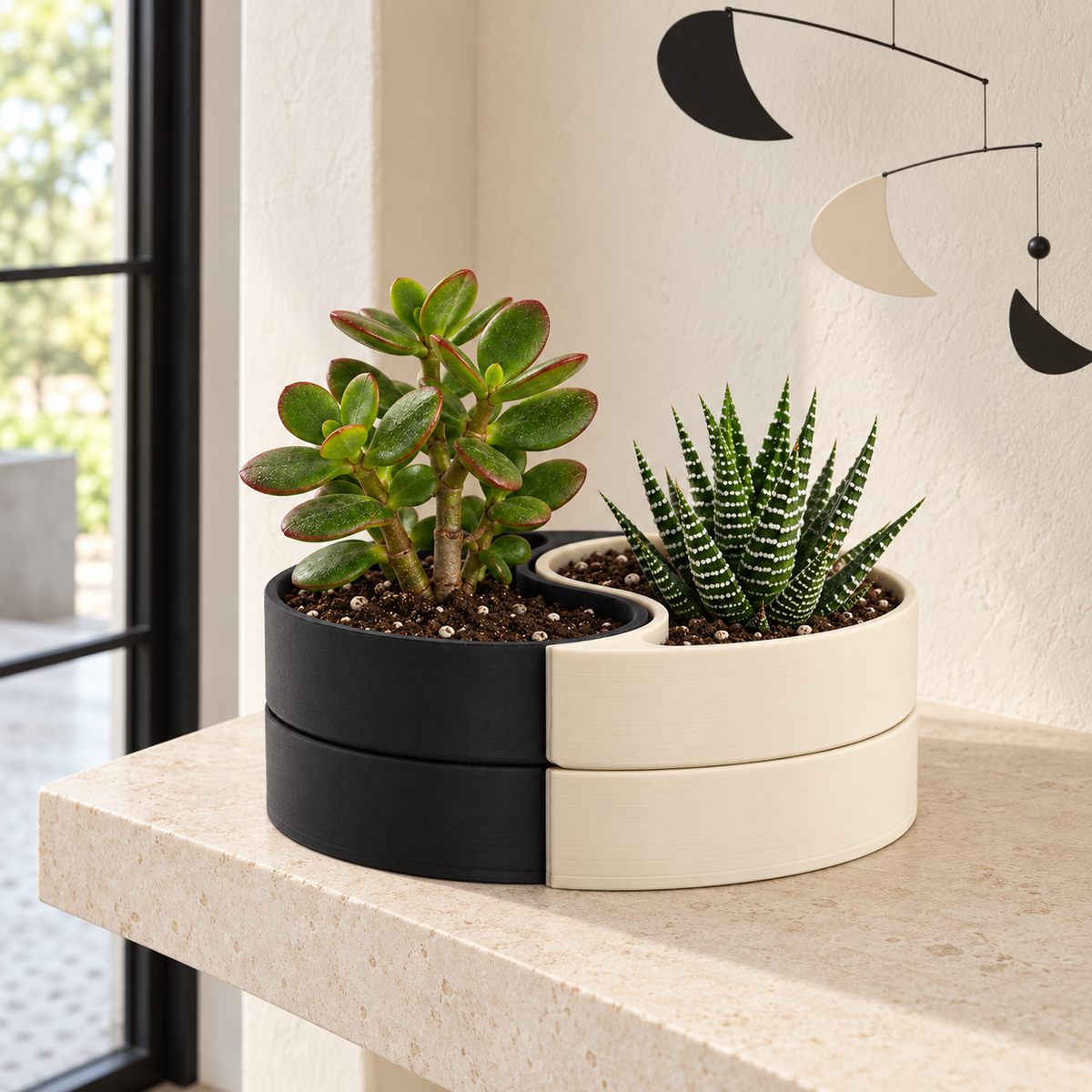 Yin-Yang Set indoor planter set with distinctive two interlocking curved compartments