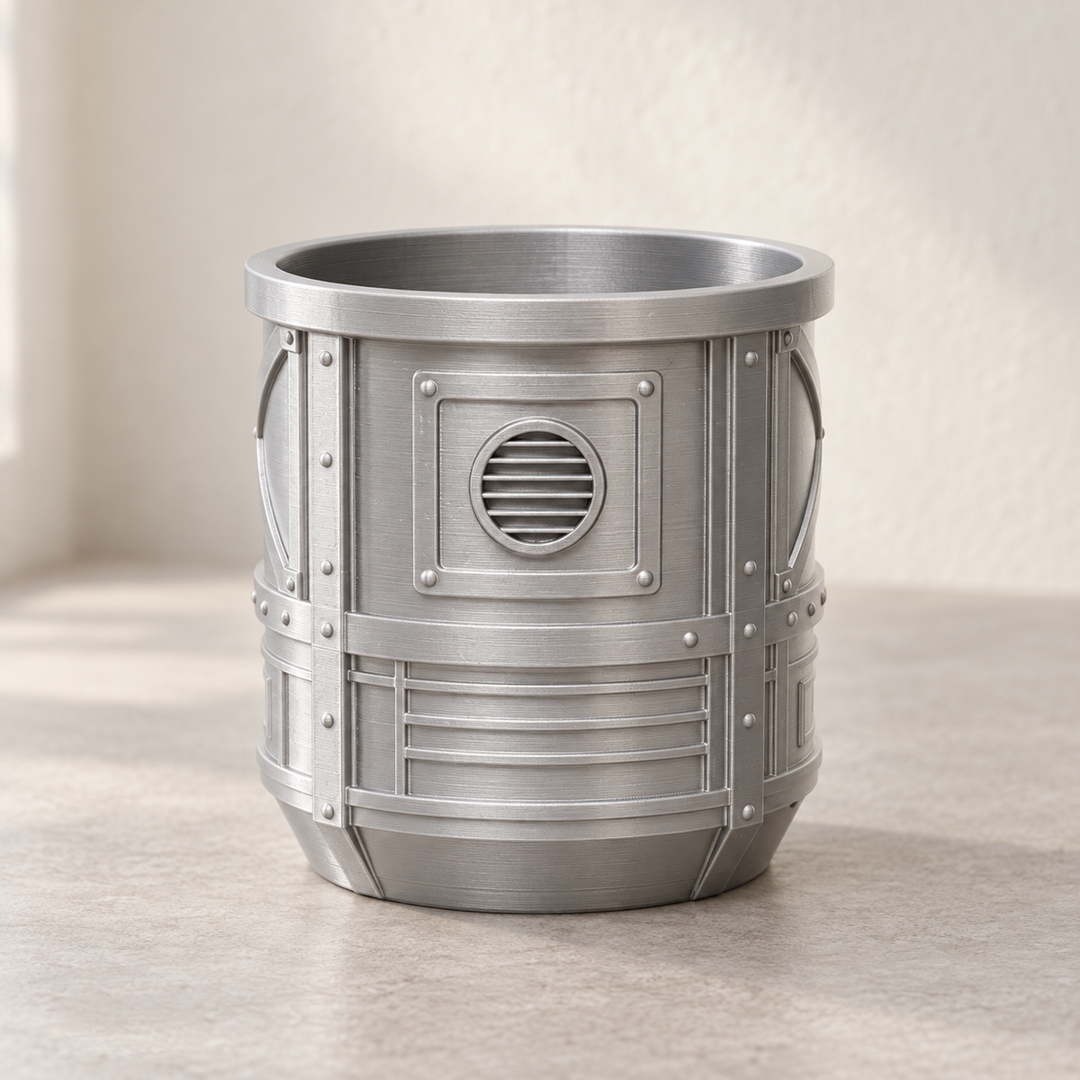 Mech Pod decorative indoor planter featuring mechanical pod panels and structural details